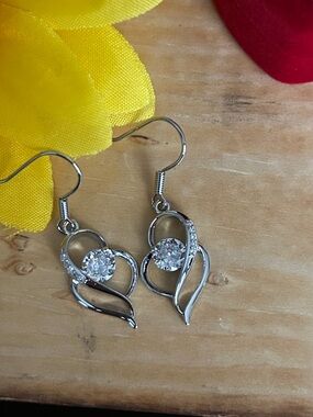 Silver Heart Drop Earrings with Clear Stones - Women Jewelry